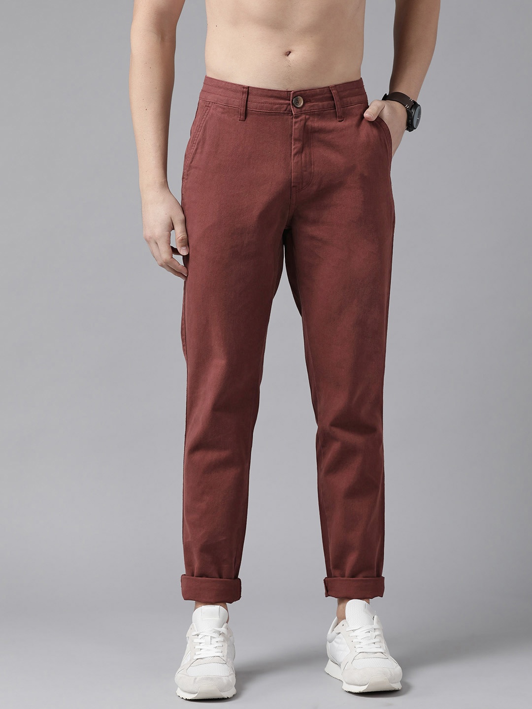 

Roadster Men Rust Red Solid Pure Cotton Chinos