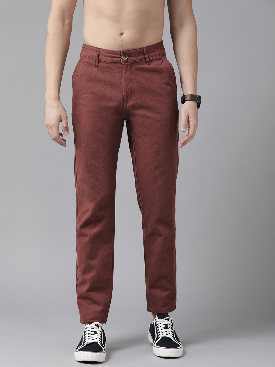 

Roadster Men Brown Pure Cotton Solid Chinos Trousers