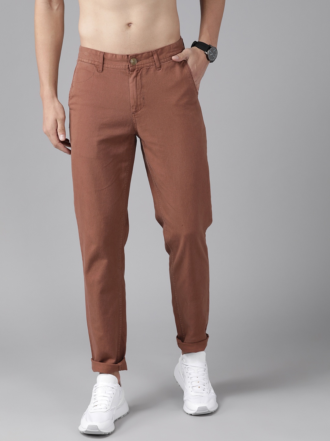 

Roadster Men Rust Brown Pure Cotton Solid Regular Fit Trousers
