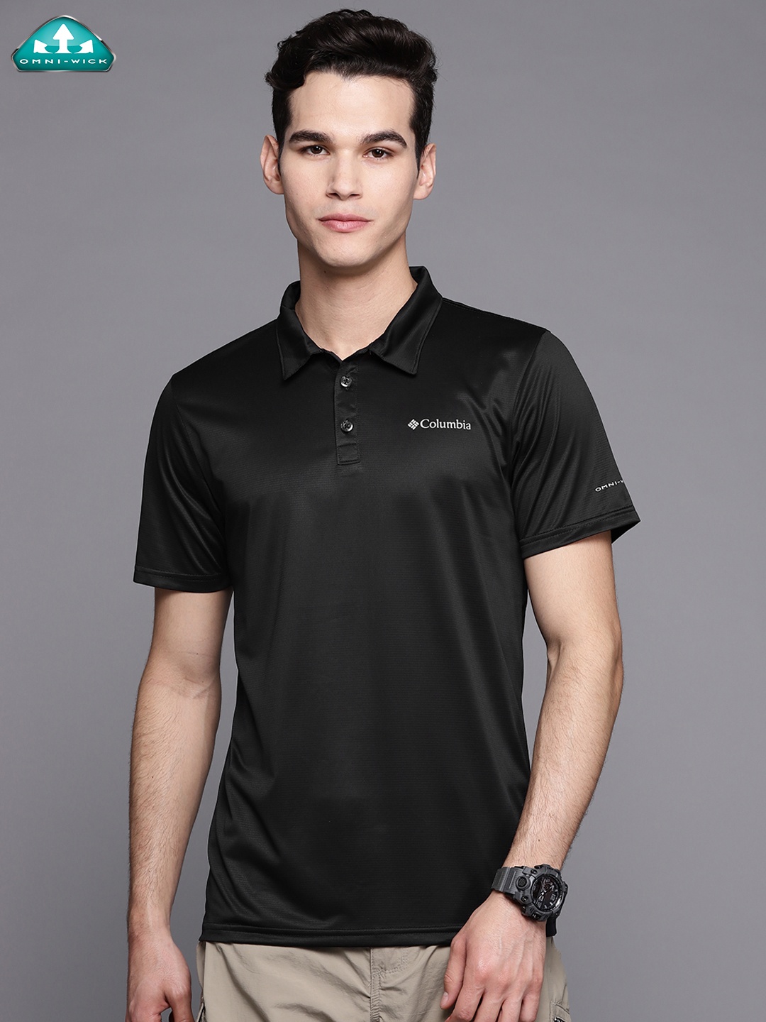 Columbia Men Black Polo Collar Dry Tech Slim Fit Hiking T-shirt