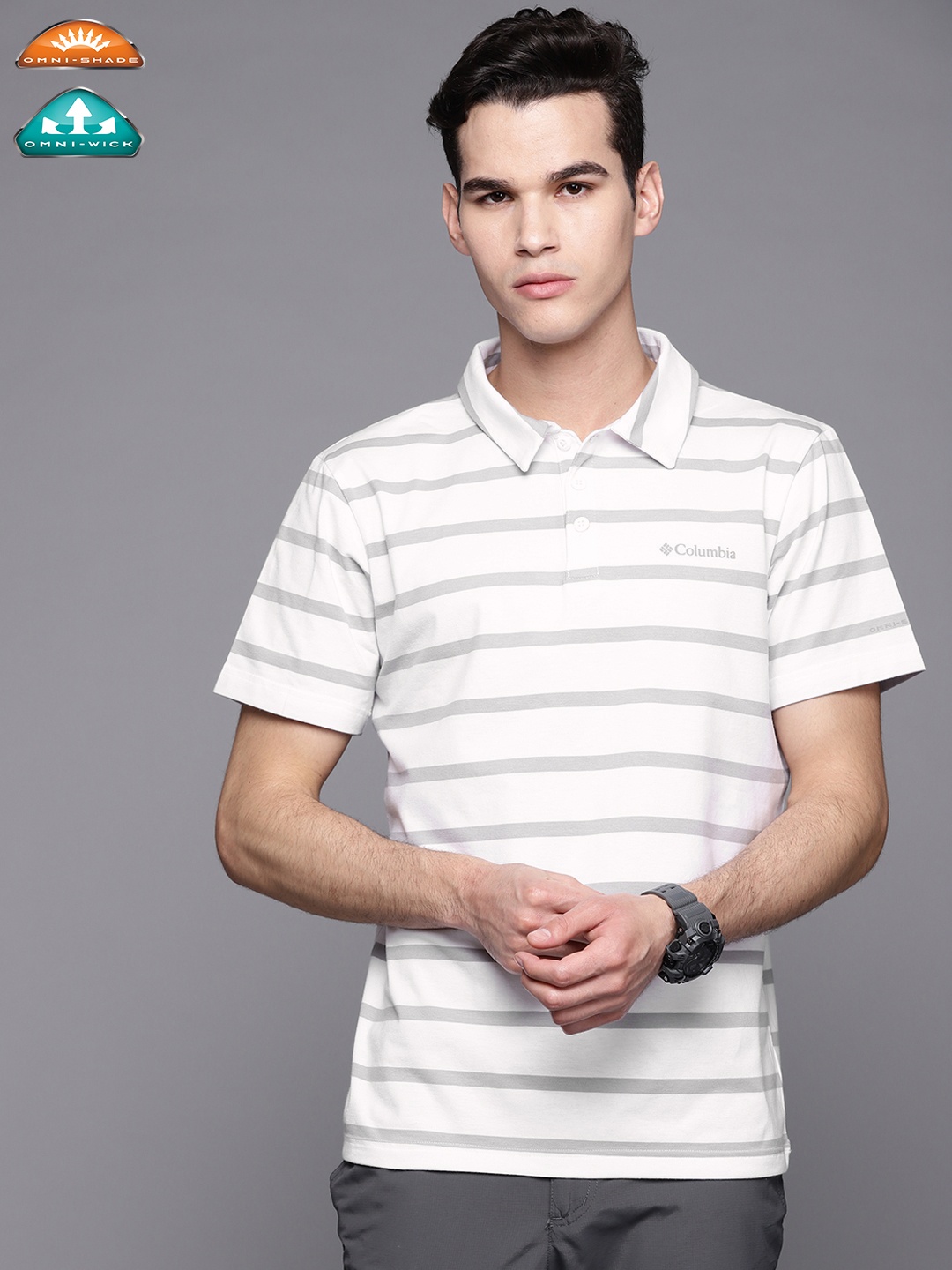 

Columbia Men White & Grey Striped Polo Collar Dry Tech Slim Fit Hiking T-shirt