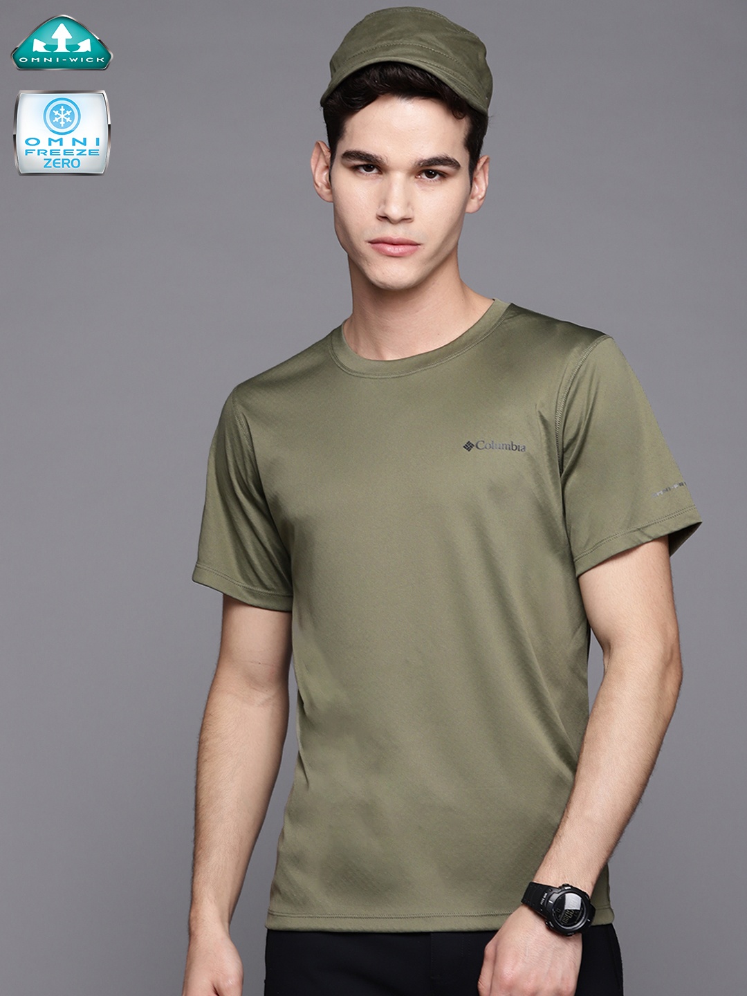 

Columbia Men Olive Green Slim Fit Outdoor Omni-Wick & Omni-Freeze Zero Hiking T-shirt