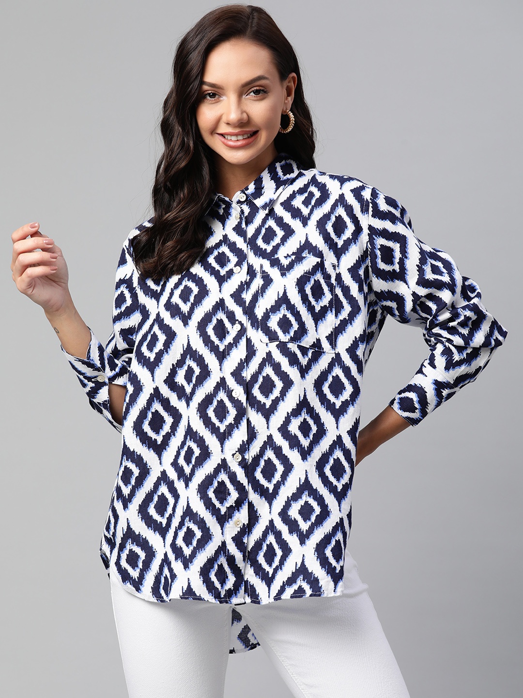 

Marks & Spencer Blue & White Geometric Print Linen Shirt Style Top