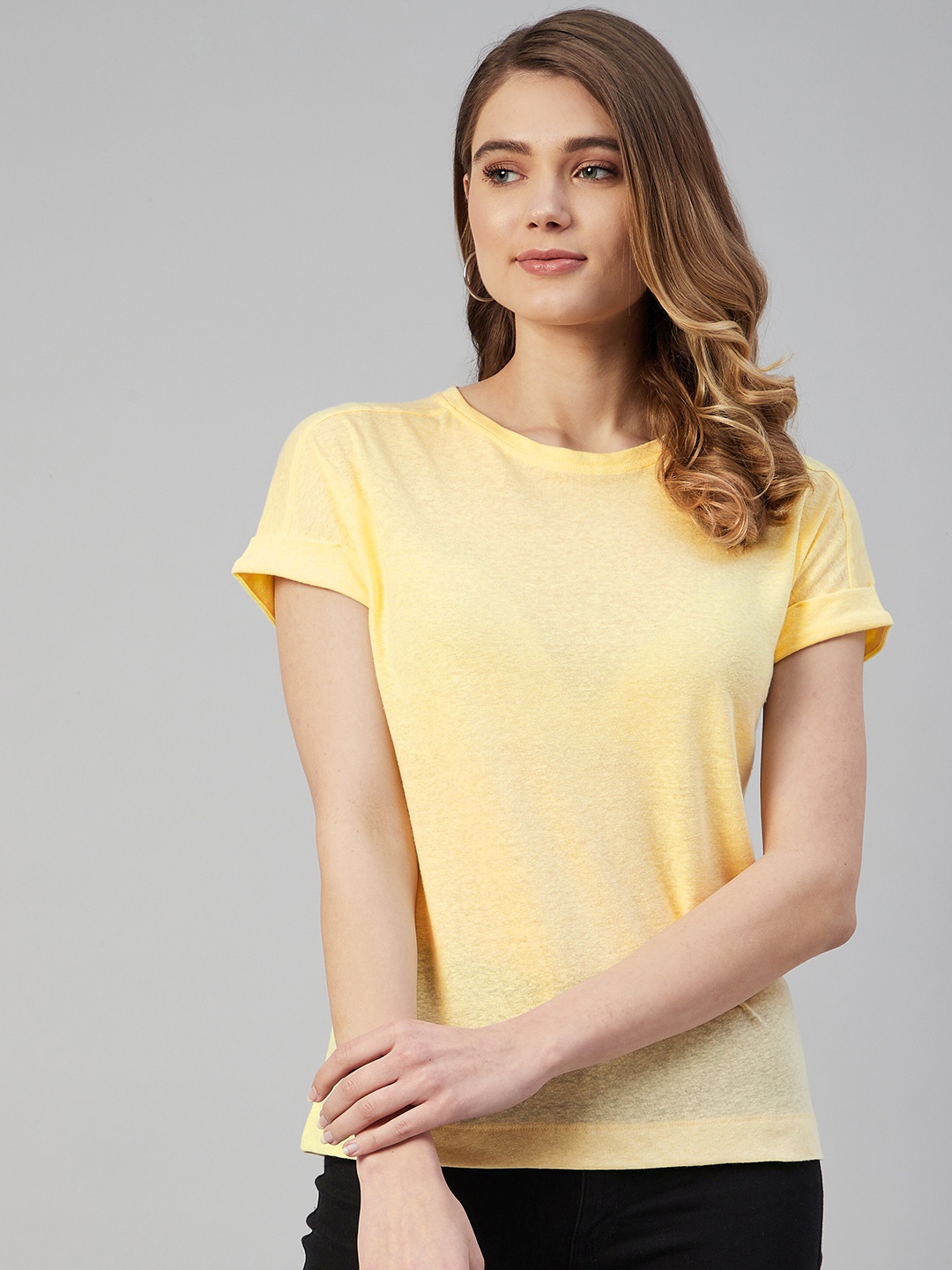 

Marks & Spencer Women Yellow Linen Blend T-shirt