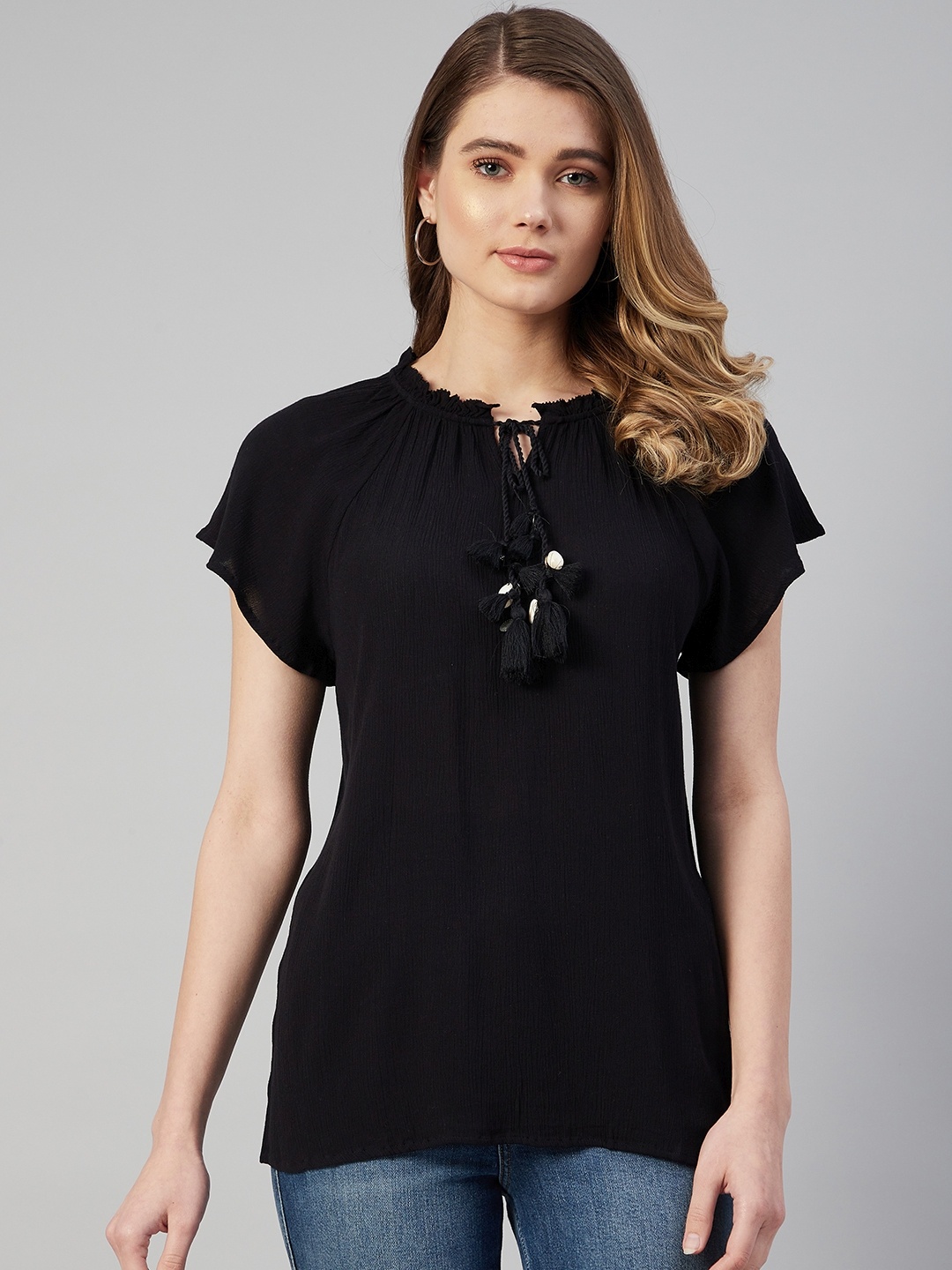 

Marks & Spencer Women Black Solid Tie-Up Neck Top