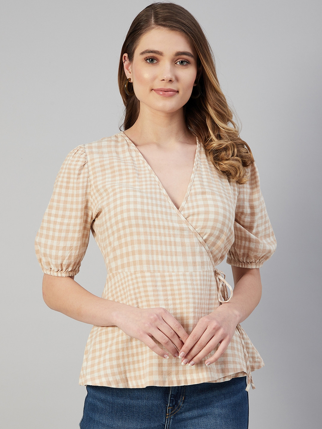 

Marks & Spencer Women White & Peach-Coloured Linen Checked Wrap Top