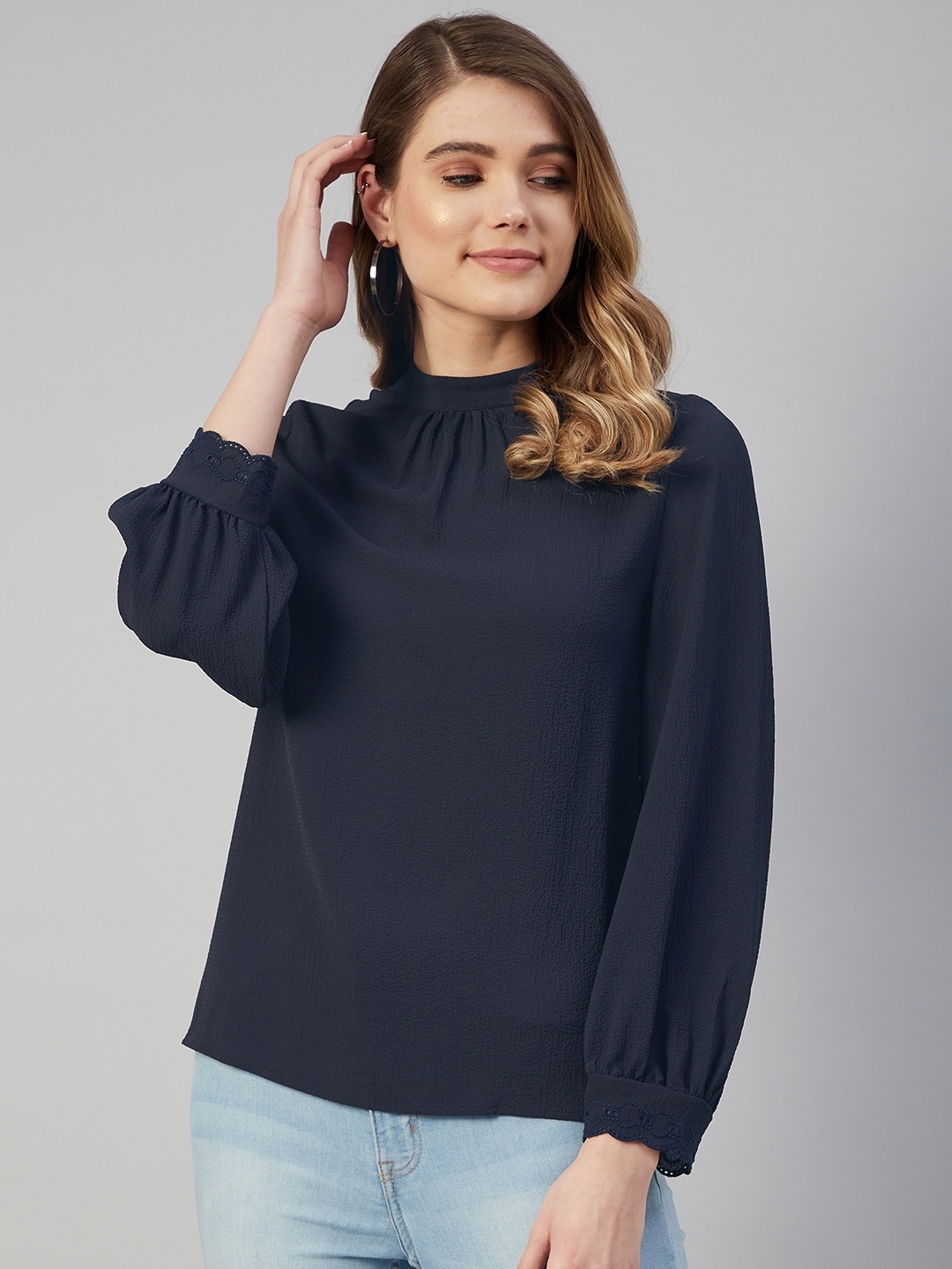

Marks & Spencer Women Navy Blue Solid Top with Lace Insert Details