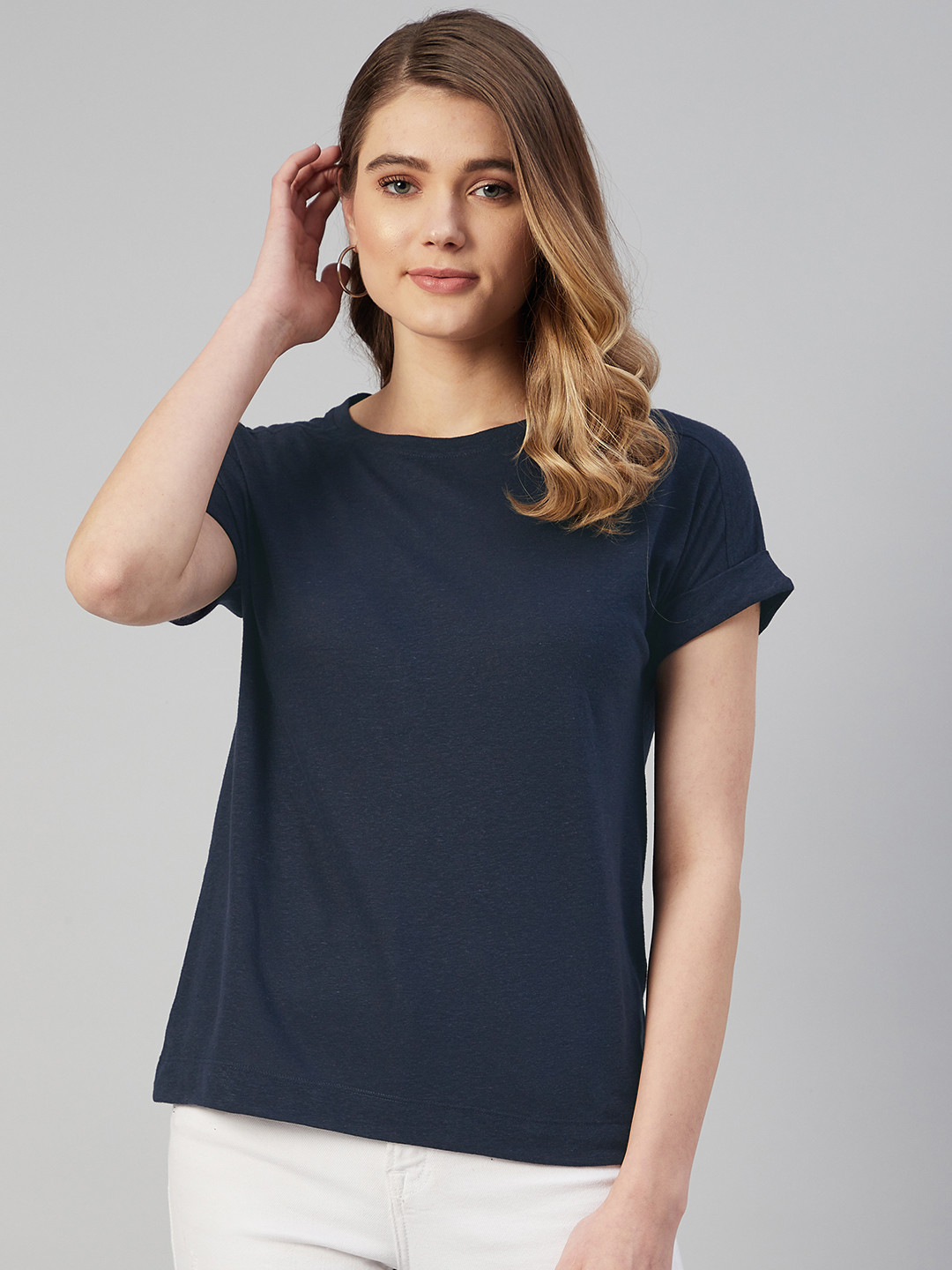 

Marks & Spencer Women Navy Blue Linen Blend T-shirt