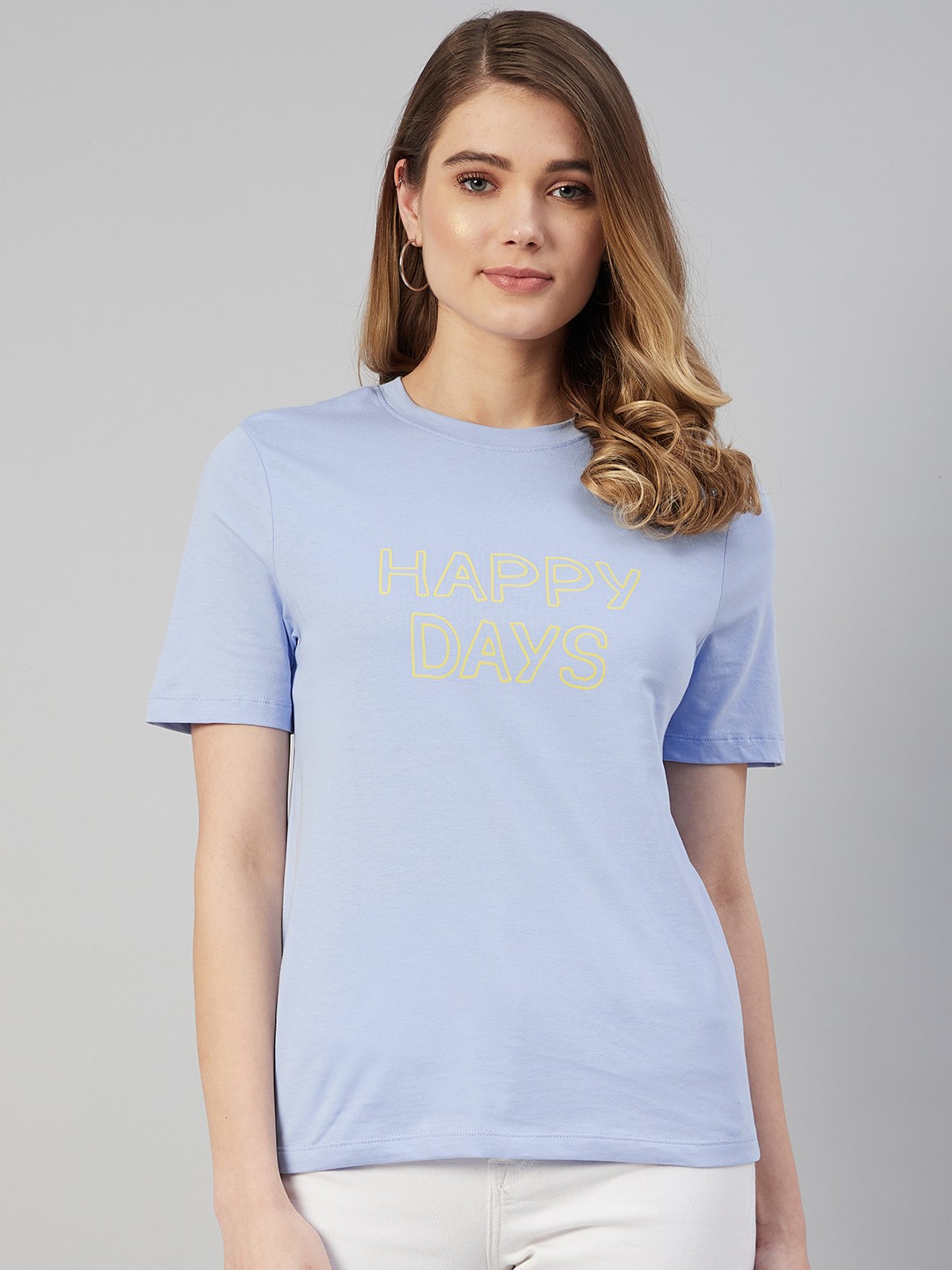 

Marks & Spencer Women Blue & Yellow Pure Cotton Typography Printed T-shirt
