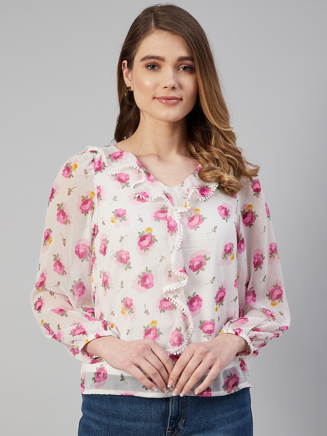 

Marks & Spencer Women Pink & White Floral Print Ruffles Top