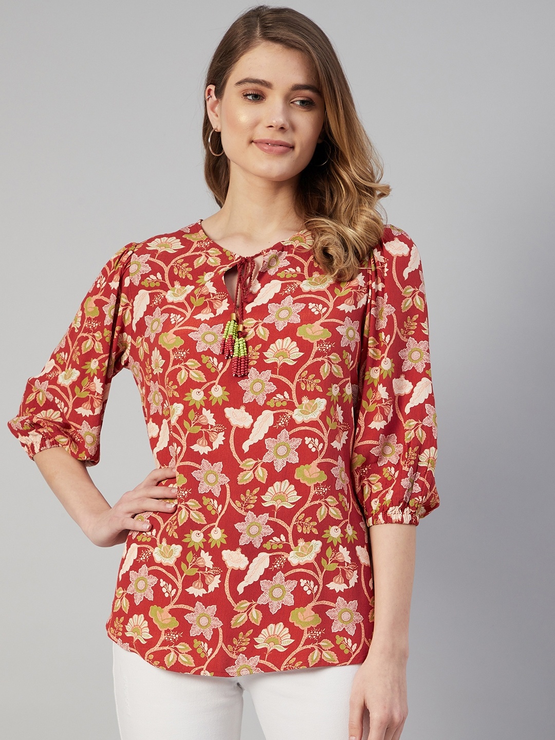 

Marks & Spencer Women Rust & Beige Floral Print Top