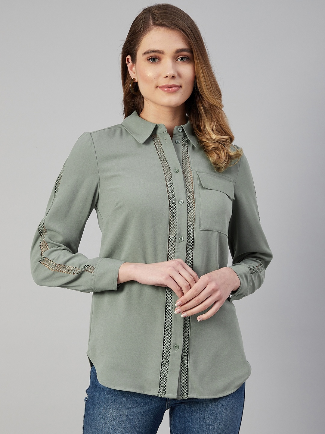 

Marks & Spencer Women Olive Green Shirt Style Top with Lace Insert Detail