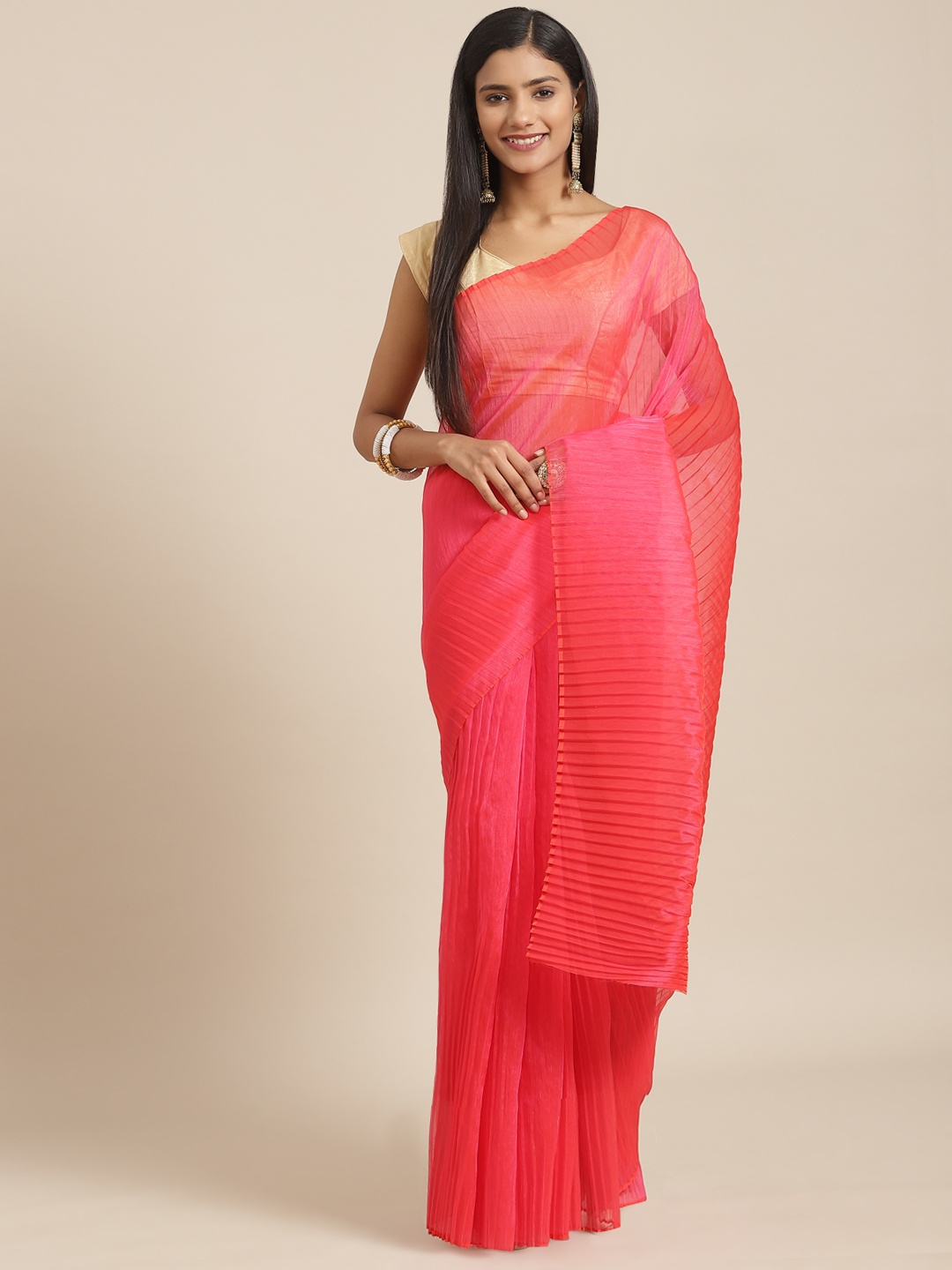 

Nanda Silk Mills Pink Polyester Pleated Saree