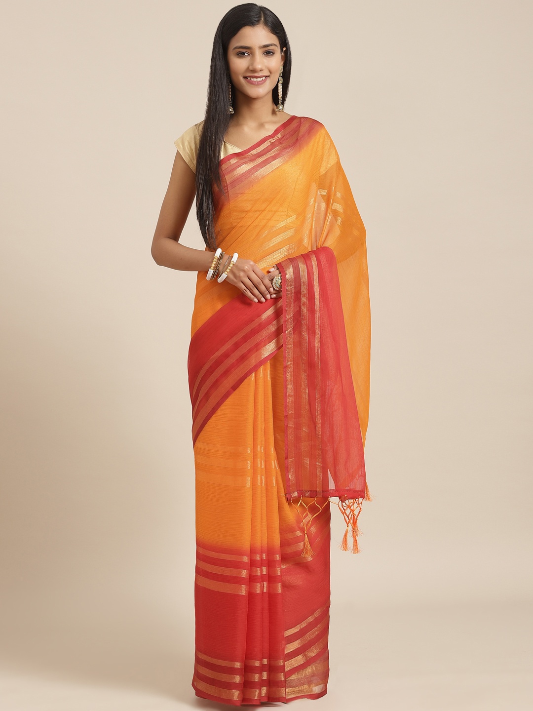 

Nanda Silk Mills Orange & Red Striped Zari Chiffon-Padding Saree