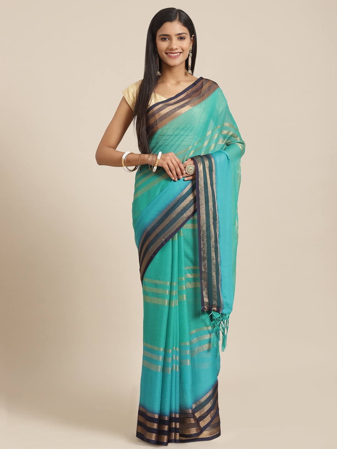 

Nanda Silk Mills Blue Striped Zari Chiffon-Padding Saree With Blouse