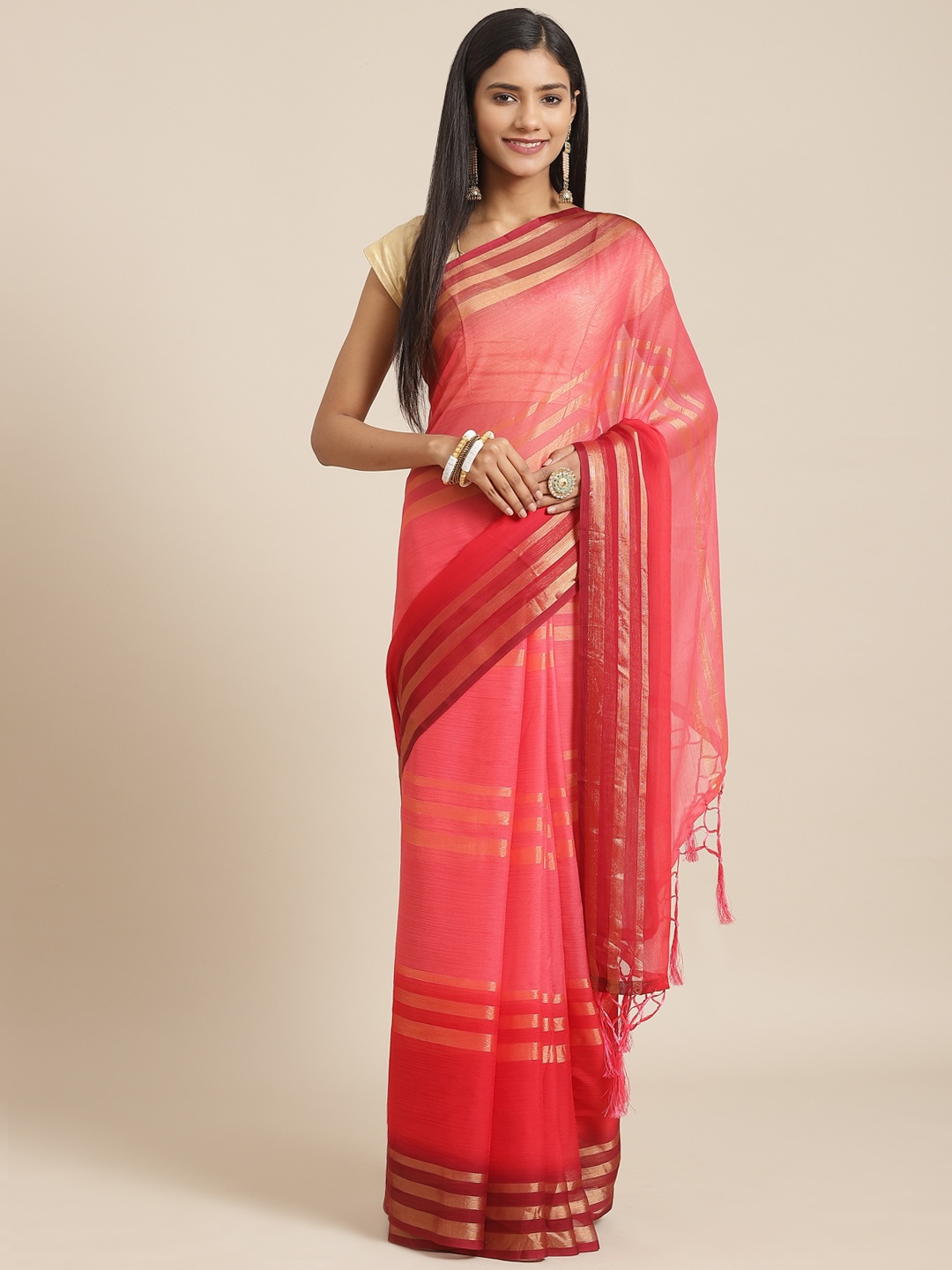 

Nanda Silk Mills Pink Striped Zari Chiffon-Padding Saree With Blouse
