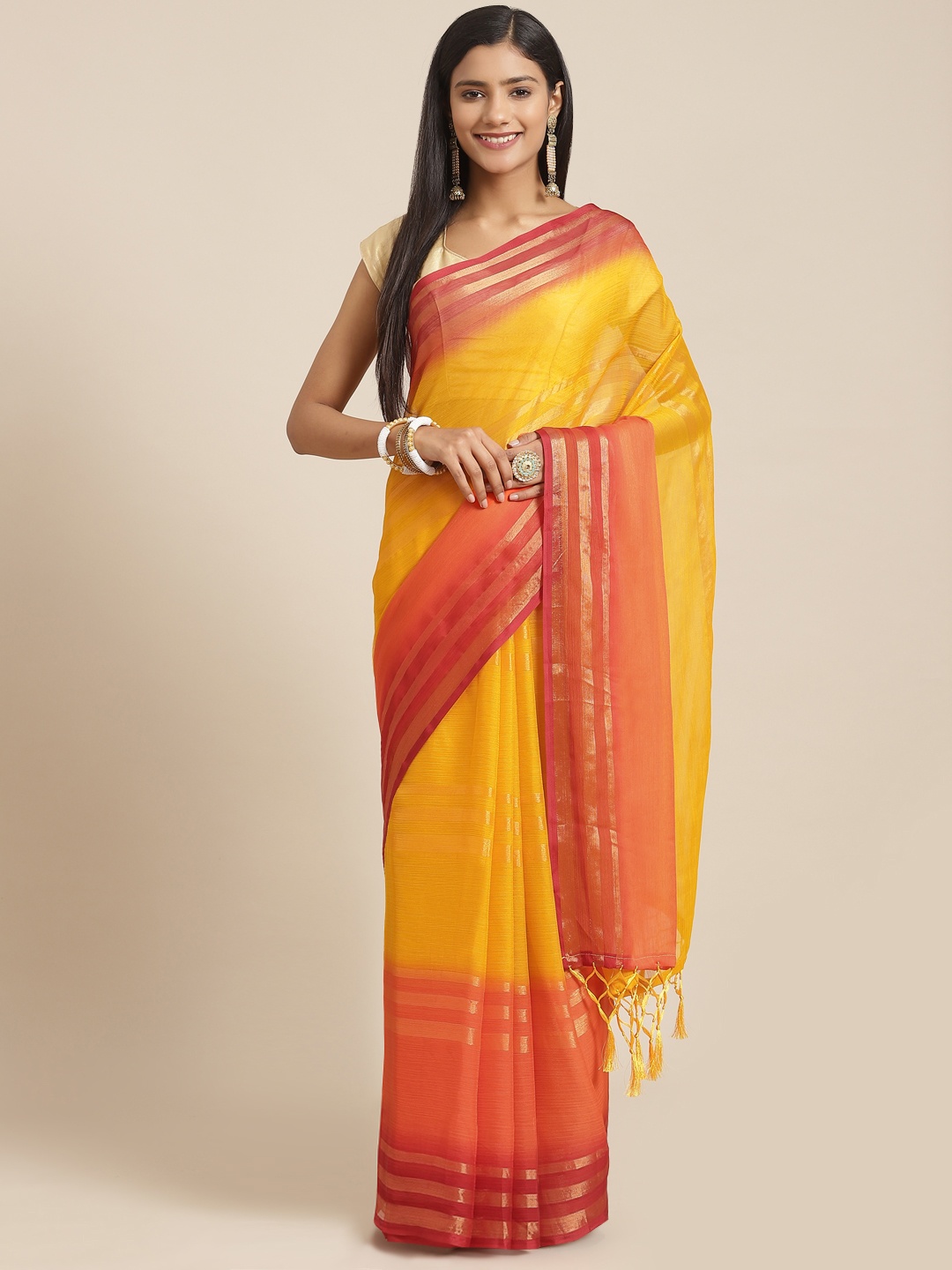 

Nanda Silk Mills Yellow & Red Zari Chiffon-Padding Saree With Blouse