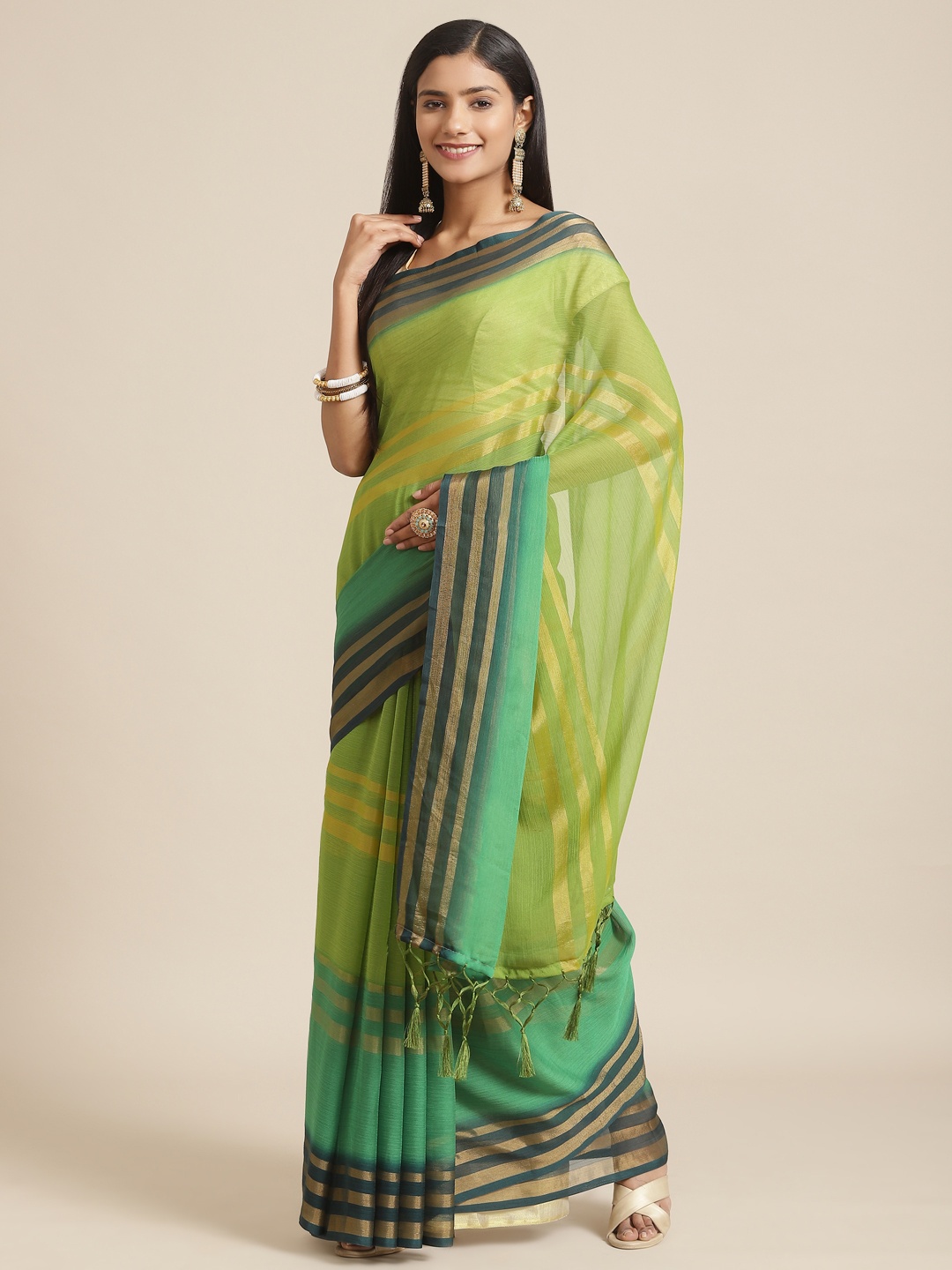 

Nanda Silk Mills Green Striped Zari Chiffon-Padding Saree