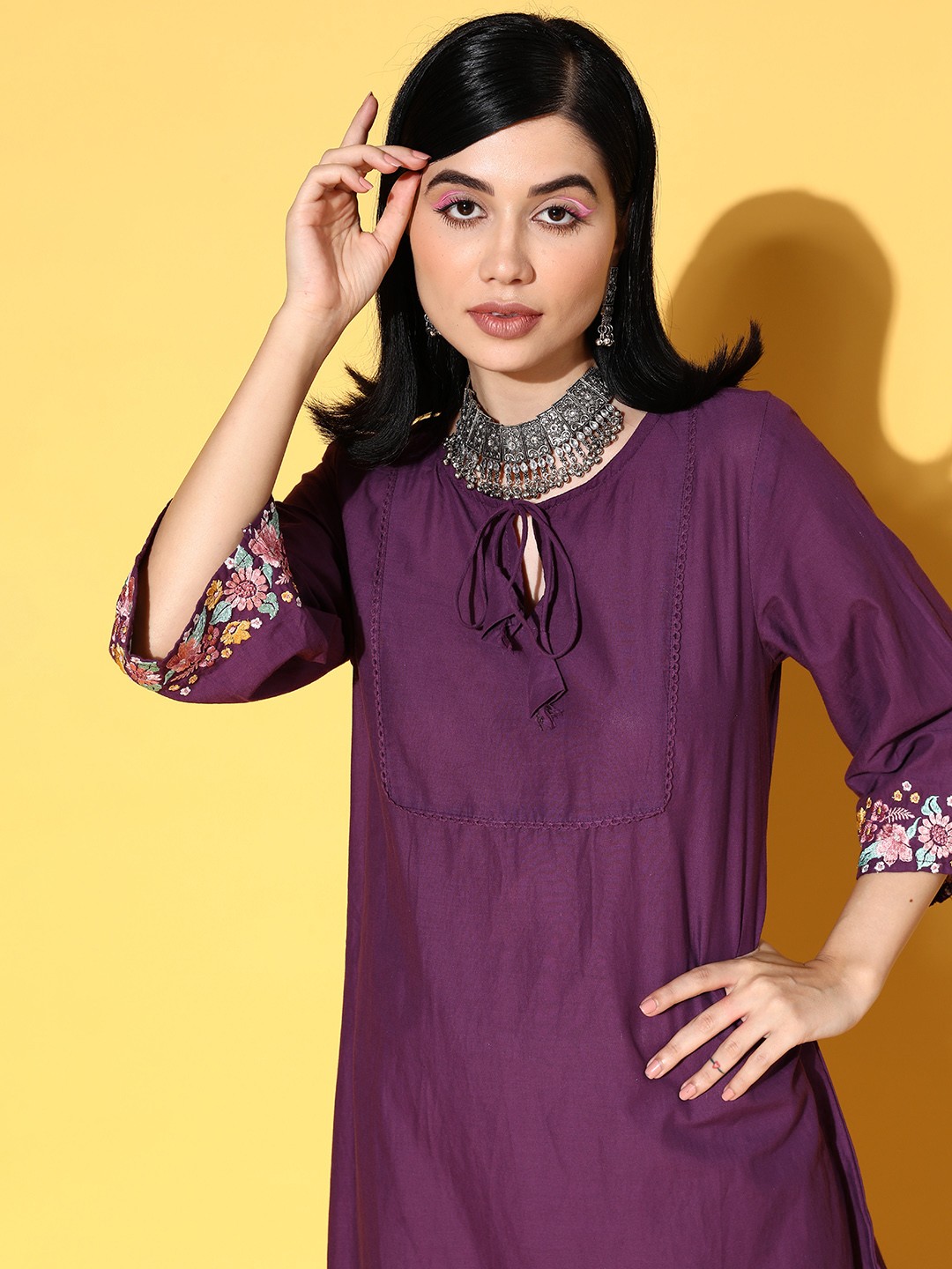 

Moda Rapido Women Purple Pure Cotton Thread Work Kurta