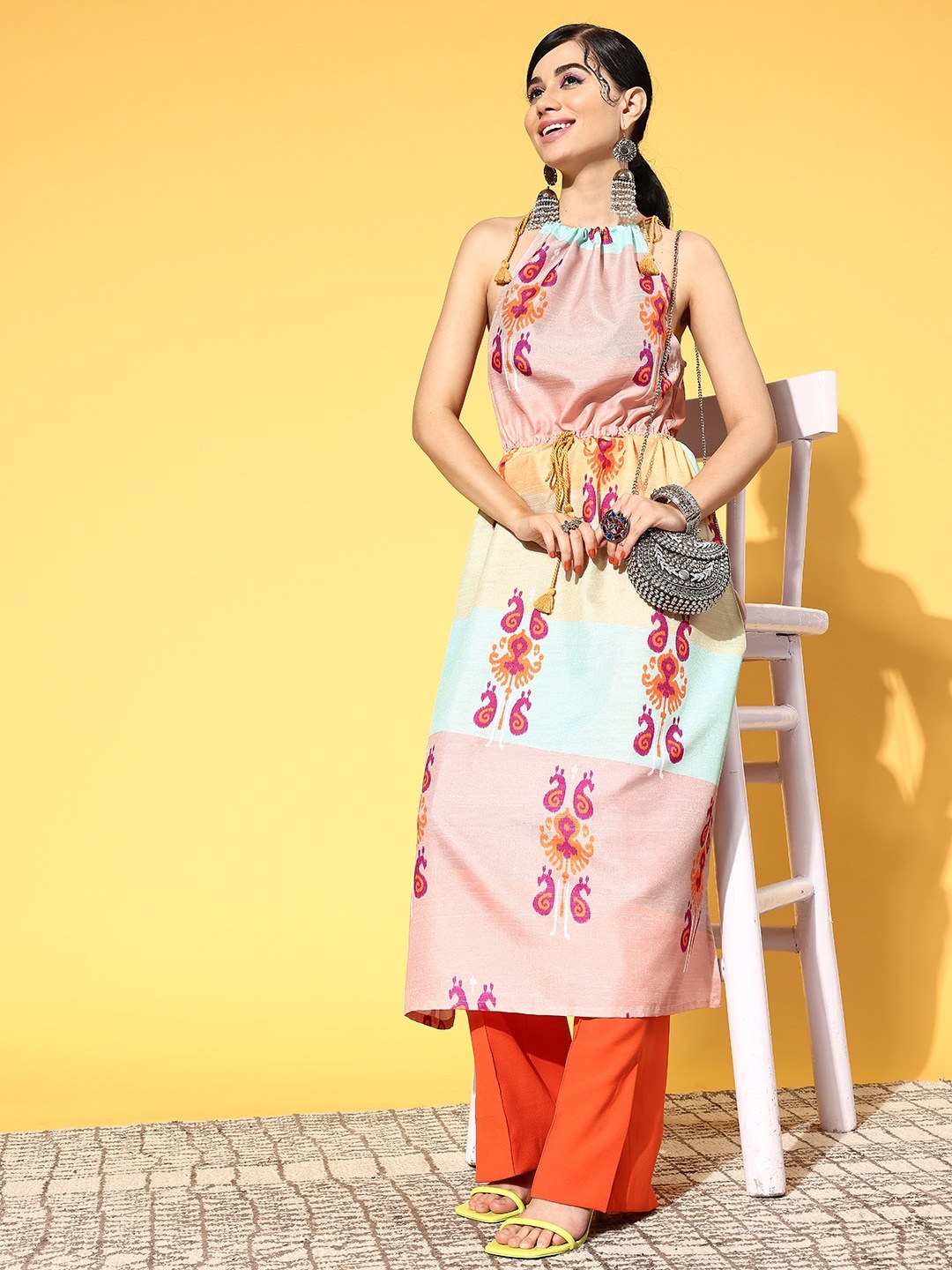 

Moda Rapido Women Peach-Coloured & Green Paisley Printed Kurta