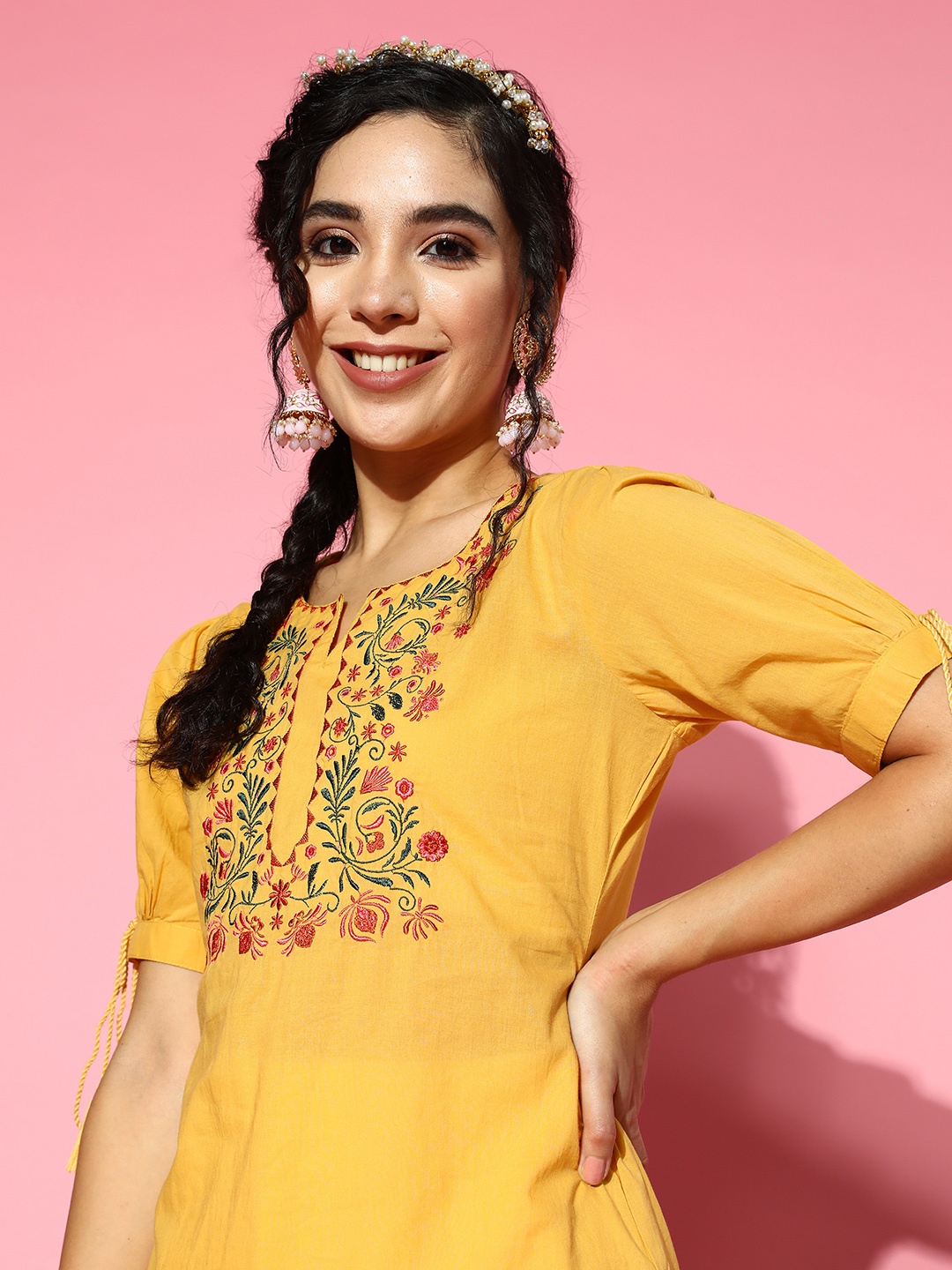 

Moda Rapido Women Mustard Yellow Pure Cotton Floral Yoke Design Thread Work Floral Kurta