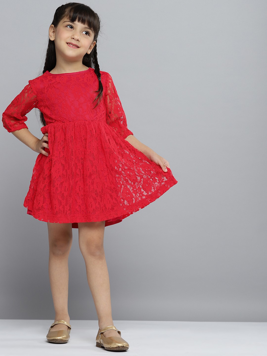 

YK Girls Red Floral Sheer Fit and Flare Dress