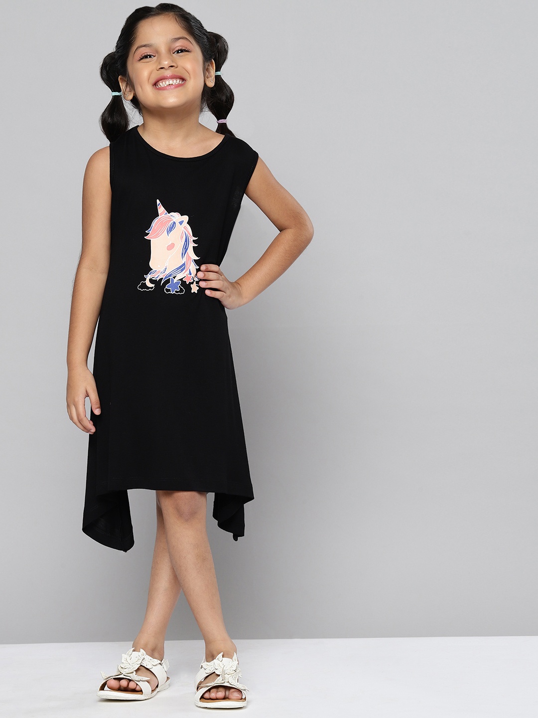 

YK Girls Black & Peach-Coloured Unicorn Print Cotton A-Line Dress