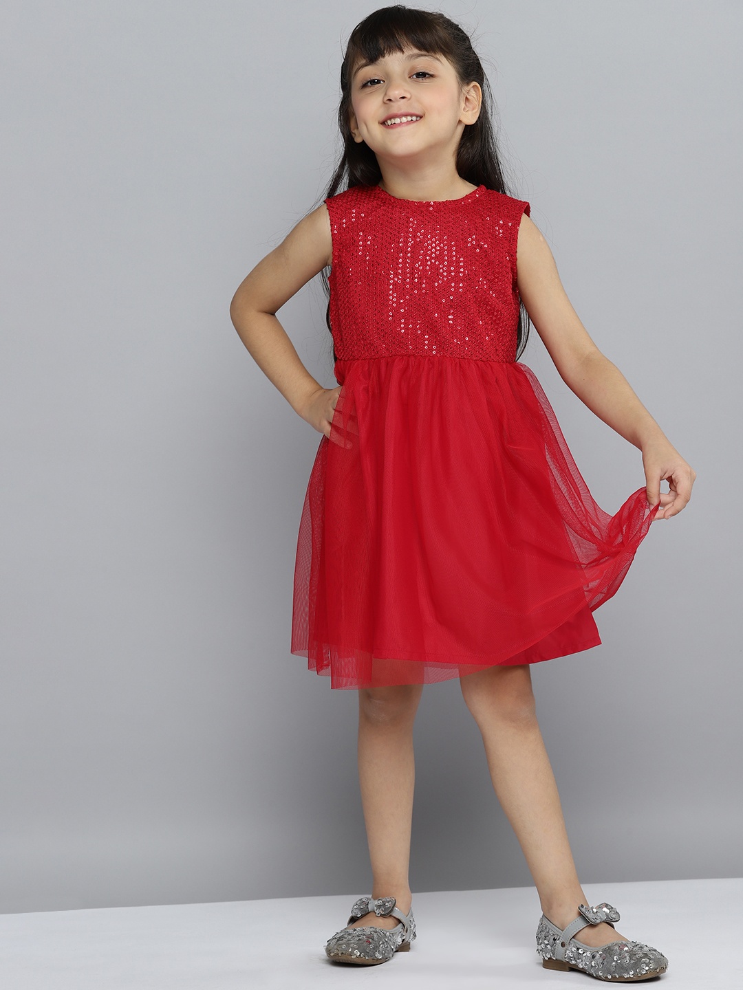 

YK Girls Red Sequined Sheer Dress