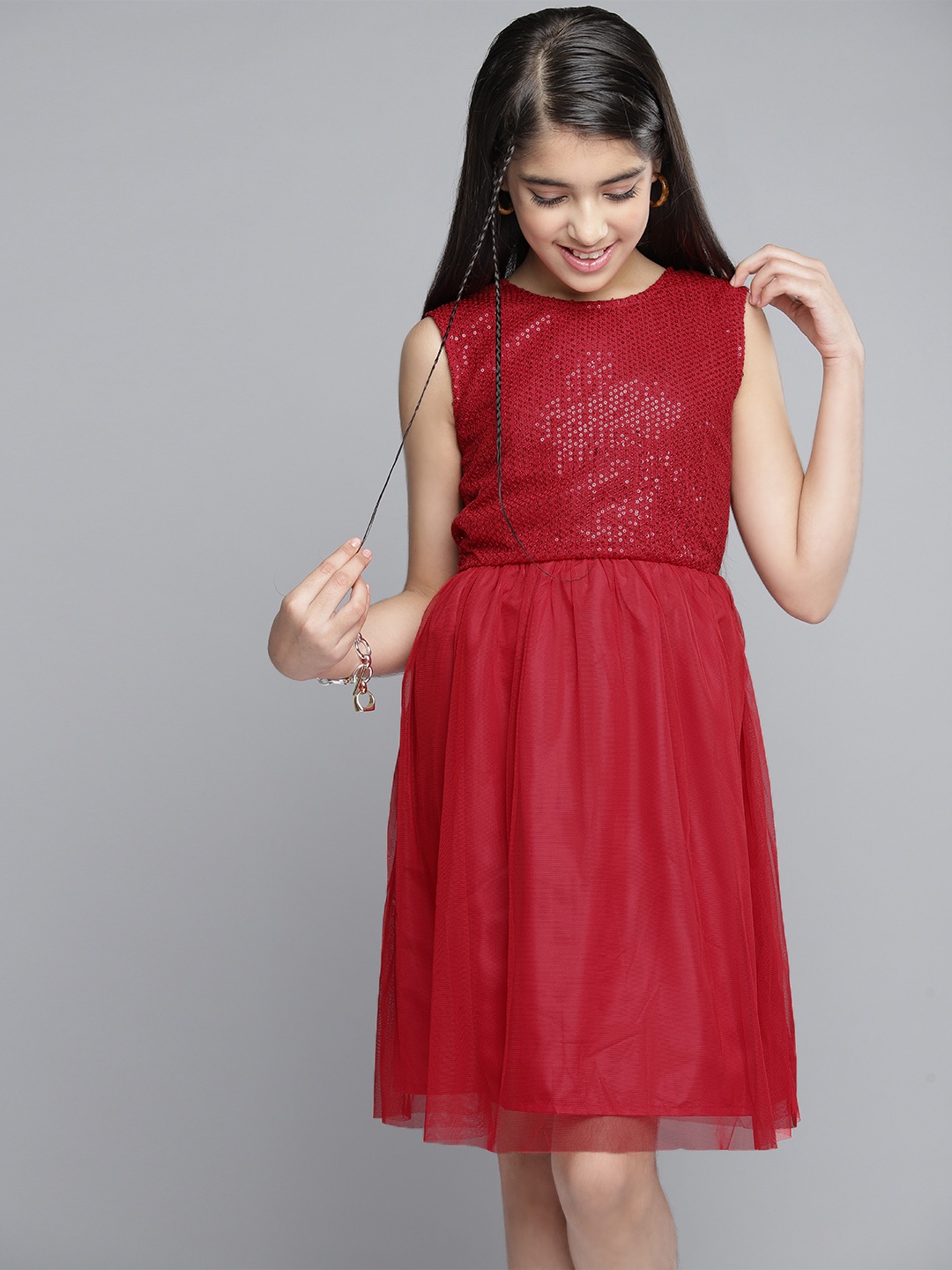 

YK Girls Red Sequined Sheer Dress