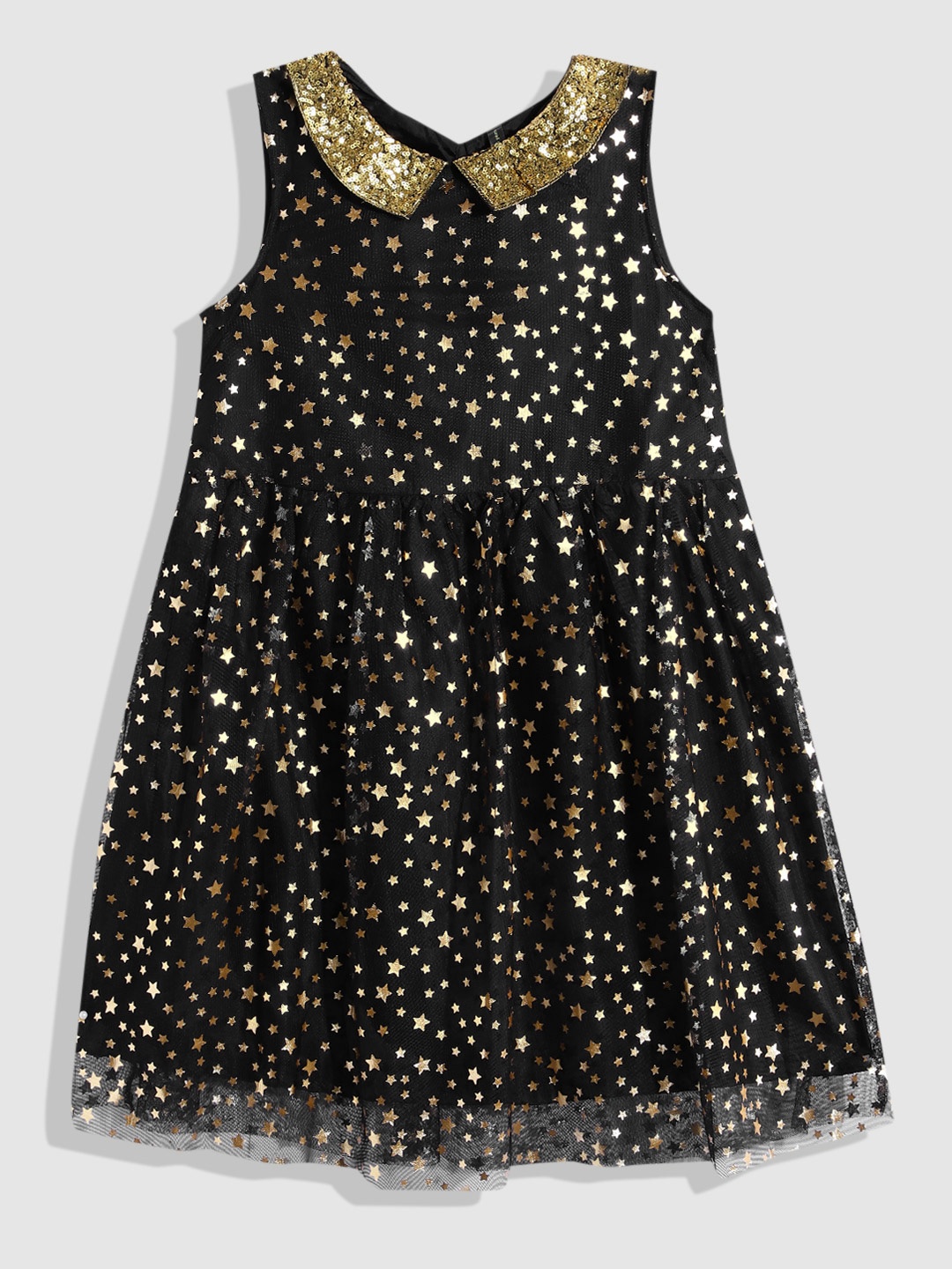 

YK Girls Conversational Printed Sequinned Net Fit & Flare Dress, Black