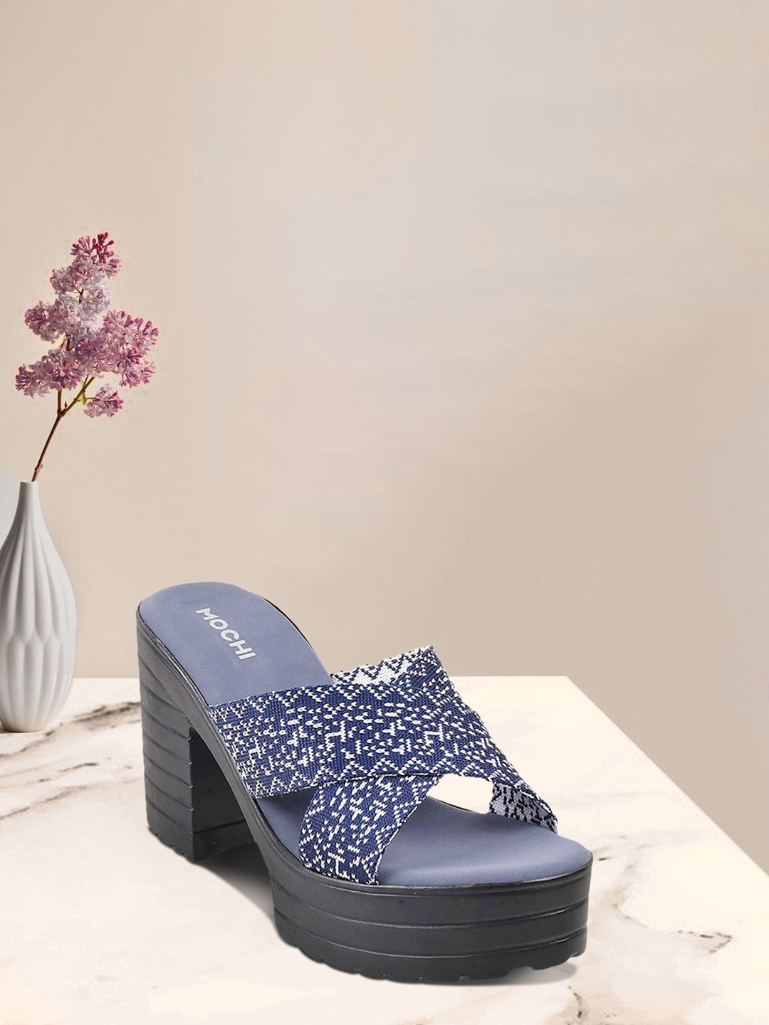 

Mochi Navy Blue & White Woven Design Platform Sandals