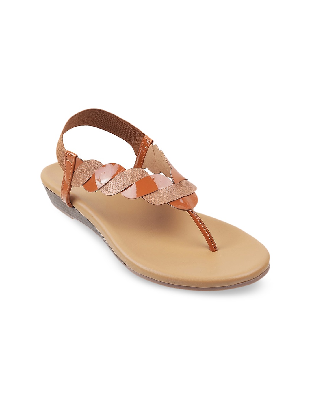 

Mochi Women Tan Textured T-Strap Flats