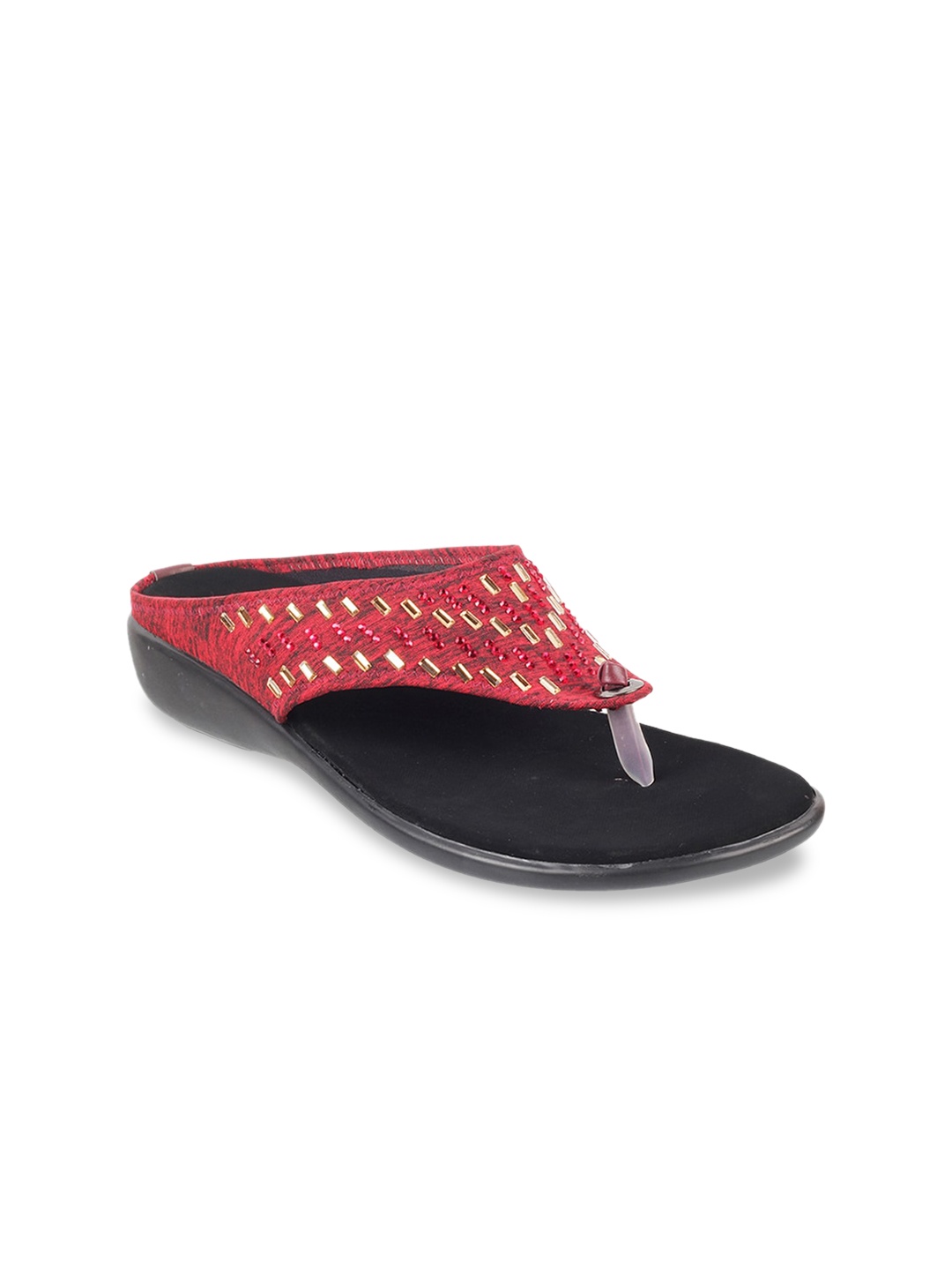 

Mochi Women Maroon Embellished T-Strap Flats