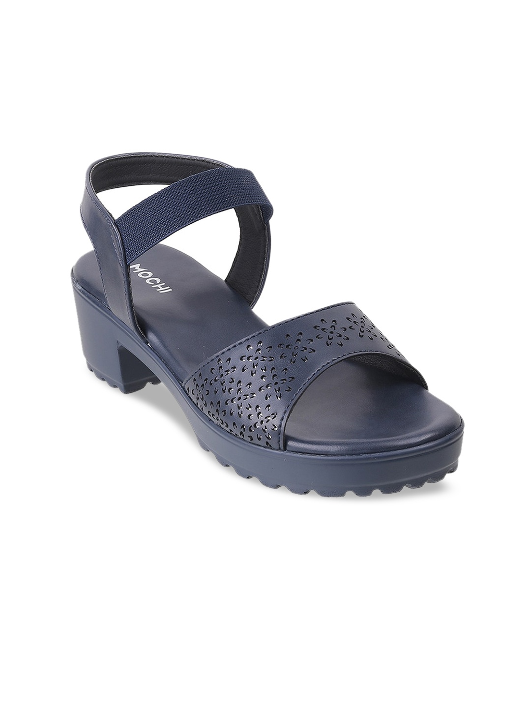 

Mochi Navy Blue Textured Block Sandal Heels with Laser Cuts