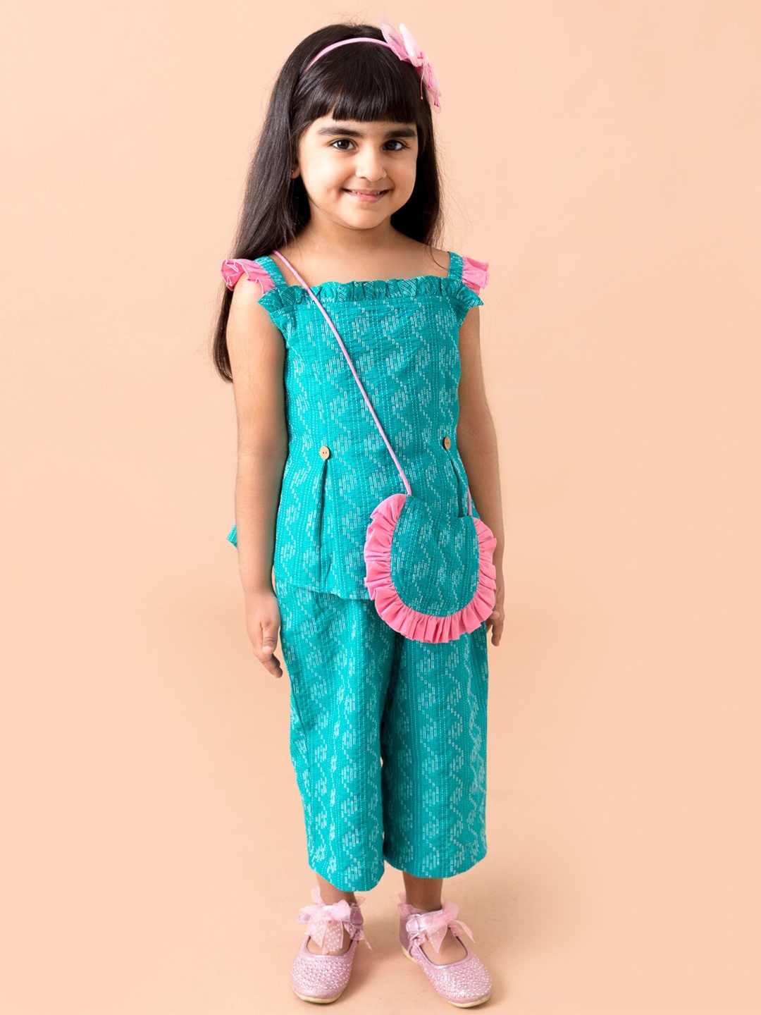 

pspeaches Girls Turquoise Blue Pure Cotton Top with Trousers