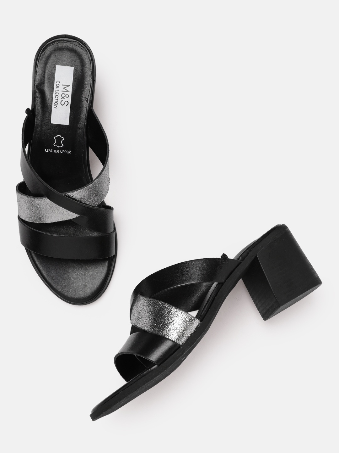 

Marks & Spencer Black & Silver-Toned Colourblocked Block Sandals