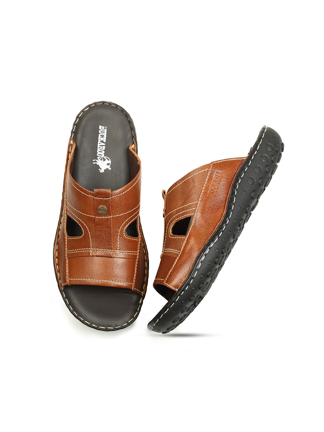 

Buckaroo Men Tan Brown Solid Leather Comfort Sandals with Cut-Out