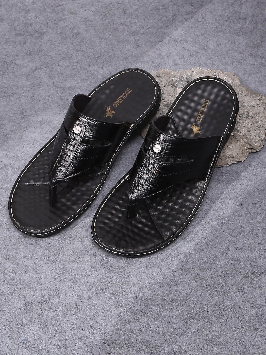 

Buckaroo Men Black Textured Genuine Leather Open Sandals