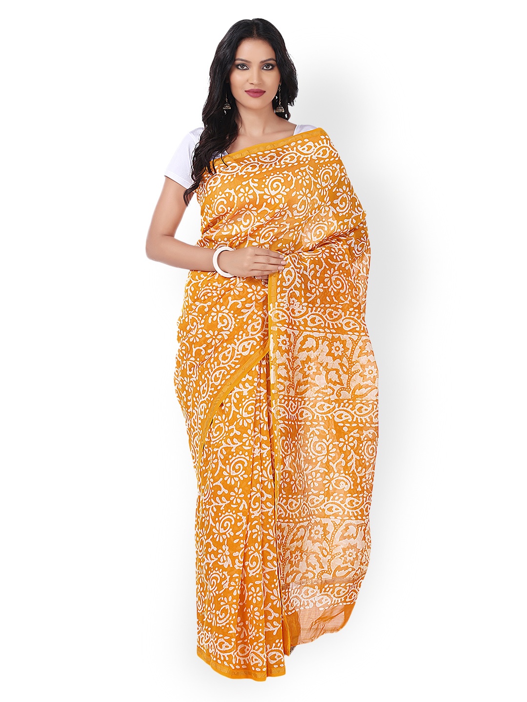 

Kalakari India Yellow Chanderi Silk Batik Hand Block Print Handcrafted Sustainable Saree