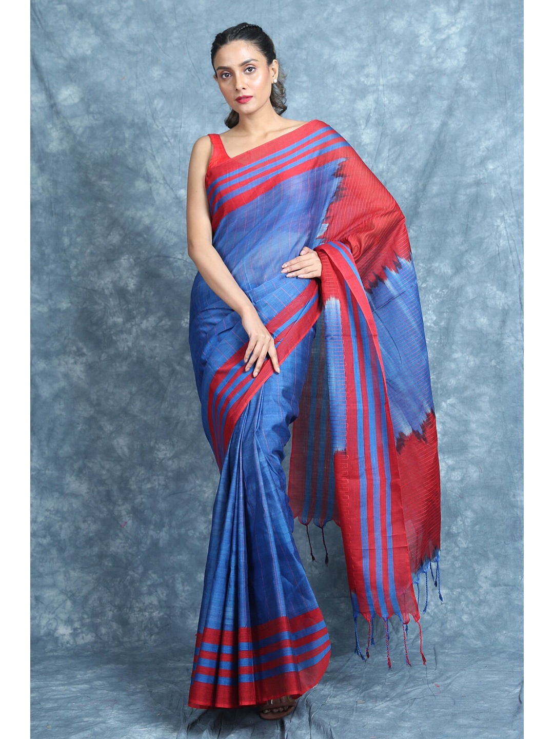 

Charukriti Blue & Red Woven Design Pure Cotton Saree