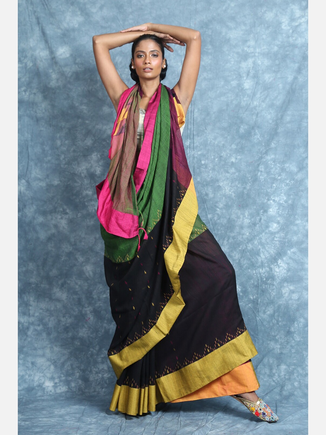 

Charukriti Green & Black Woven Design Zari Pure Cotton Saree