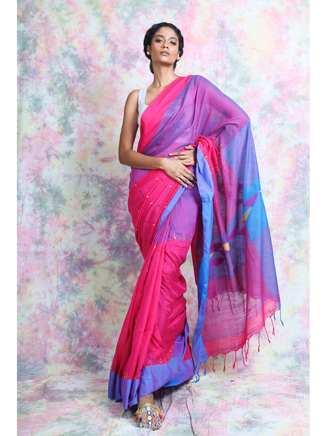 

Charukriti Pink & Blue Woven Design Zari Pure Cotton Saree