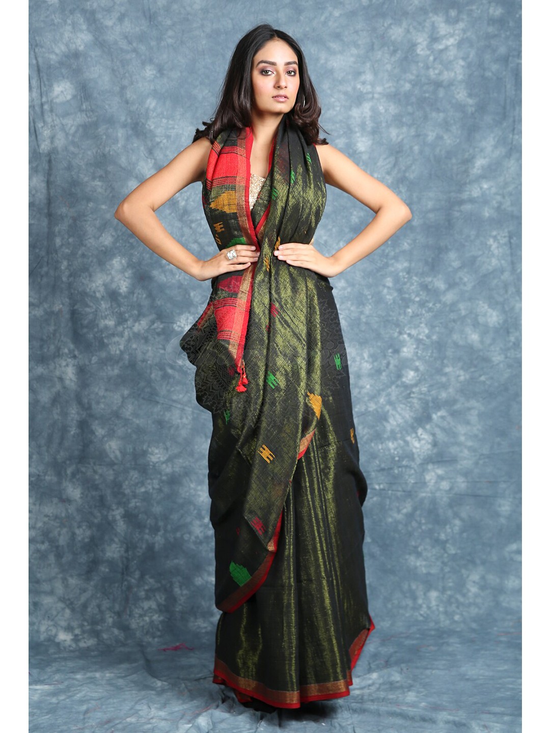 

Charukriti Black & Green Zari Temple Style Saree