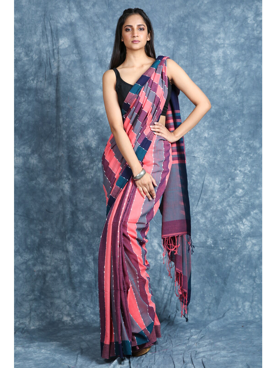 

Charukriti Grey & Pink Striped Saree
