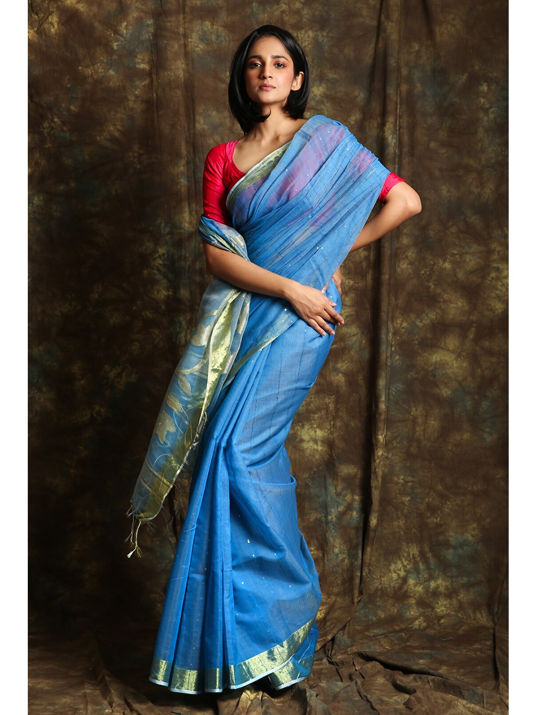 

Charukriti Blue & Gold-Toned Woven Design Zari Pure Cotton Saree