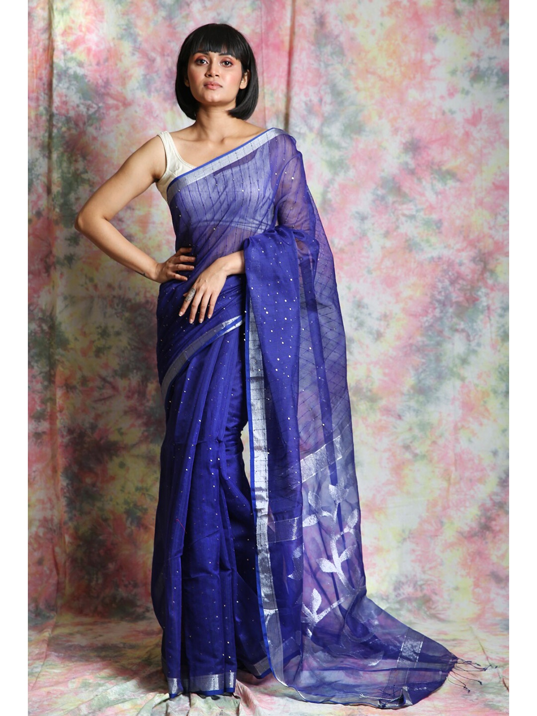 

Charukriti Blue Woven Design Embellished Pure Cotton Saree