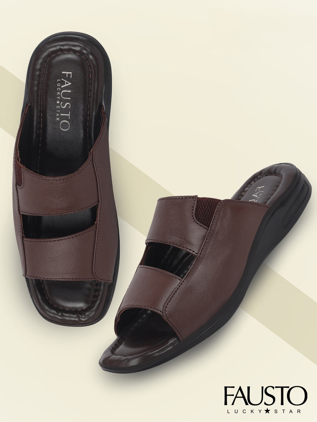

FAUSTO Men Brown Leather Slip On Comfort Sandals