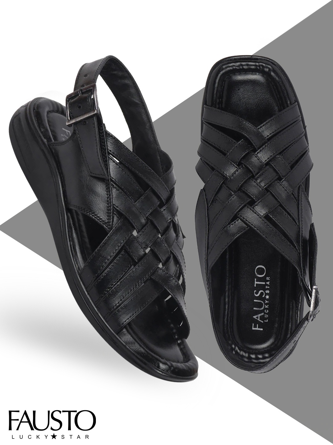 

FAUSTO Men Black Leather Comfort Sandals