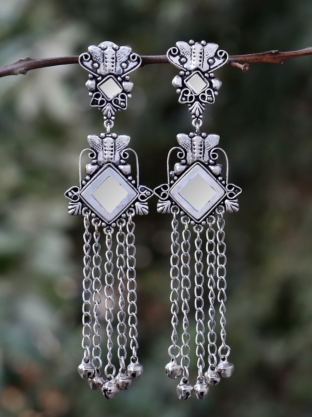 

FIROZA Silver Oxidised Diamond Shaped Mirror Drop Earrings