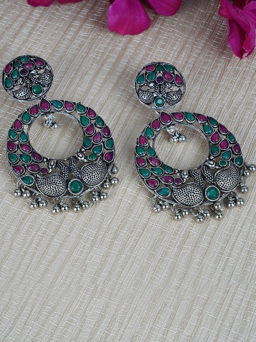 

FIROZA Silver-Toned Circular Jhumkas Earrings